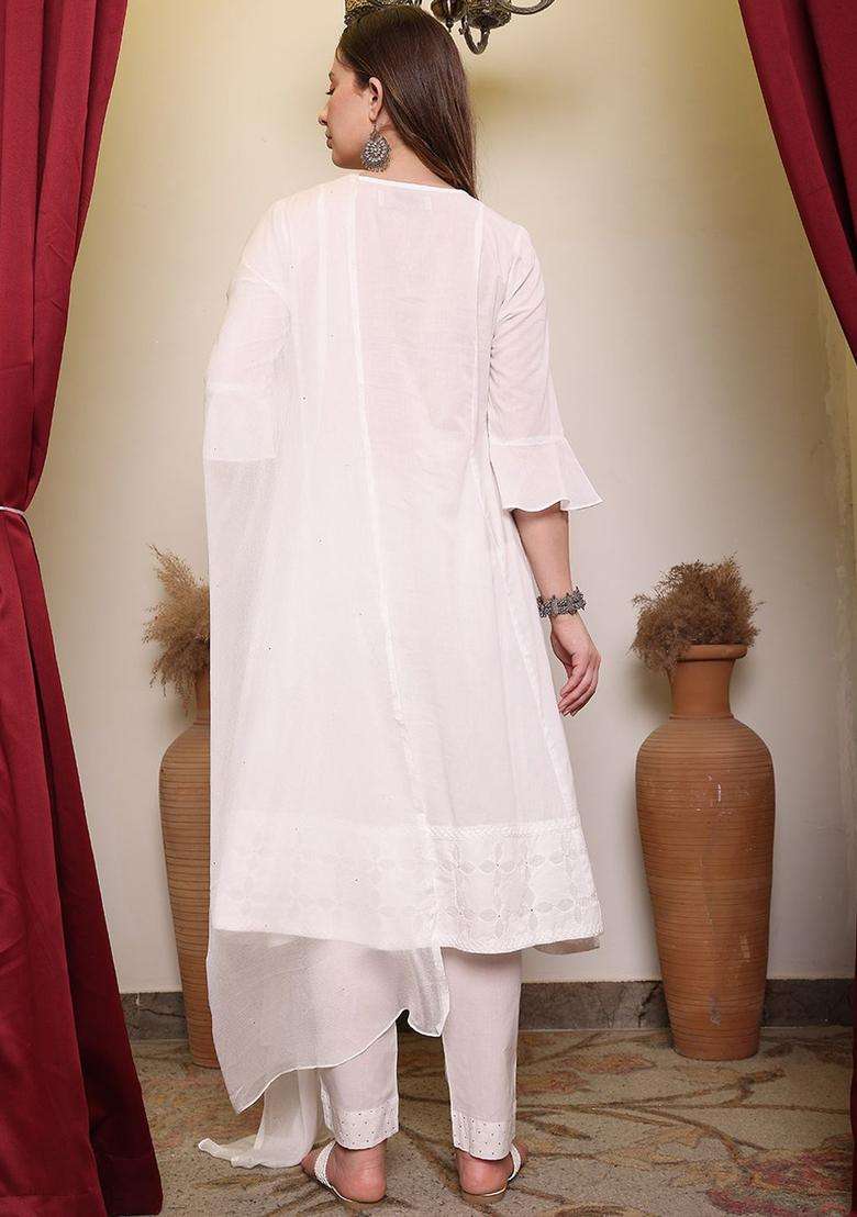 White Self Design Cotton Kurta Sets - Indya