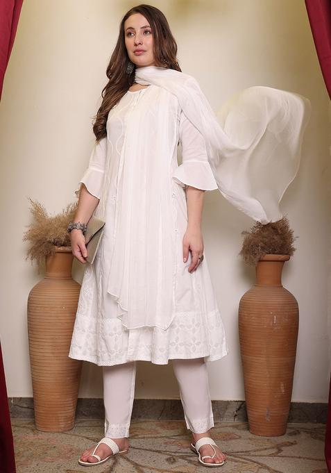 White Self Design Cotton Kurta Sets