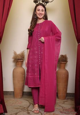 Mauve Embroidered Cotton Kurta Sets