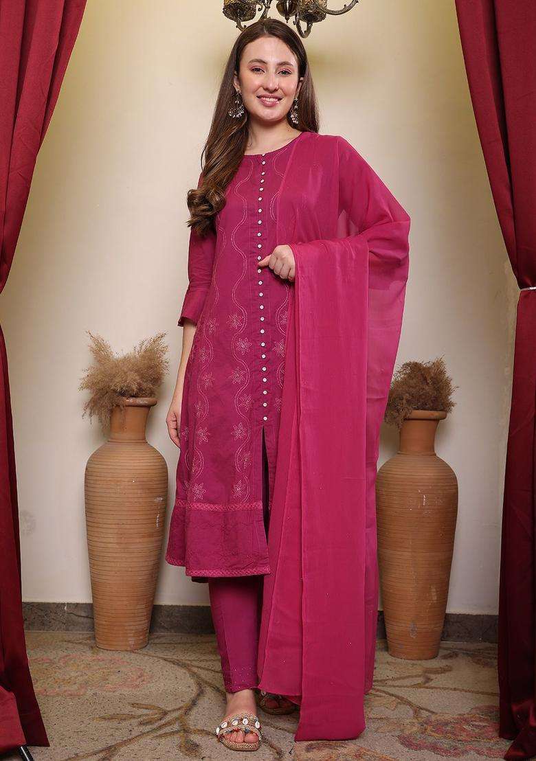 Mauve Embroidered Cotton Kurta Sets - Indya