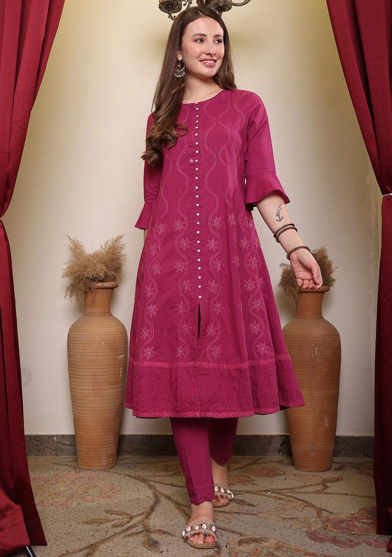 Mauve Embroidered Cotton Kurta Sets - Indya