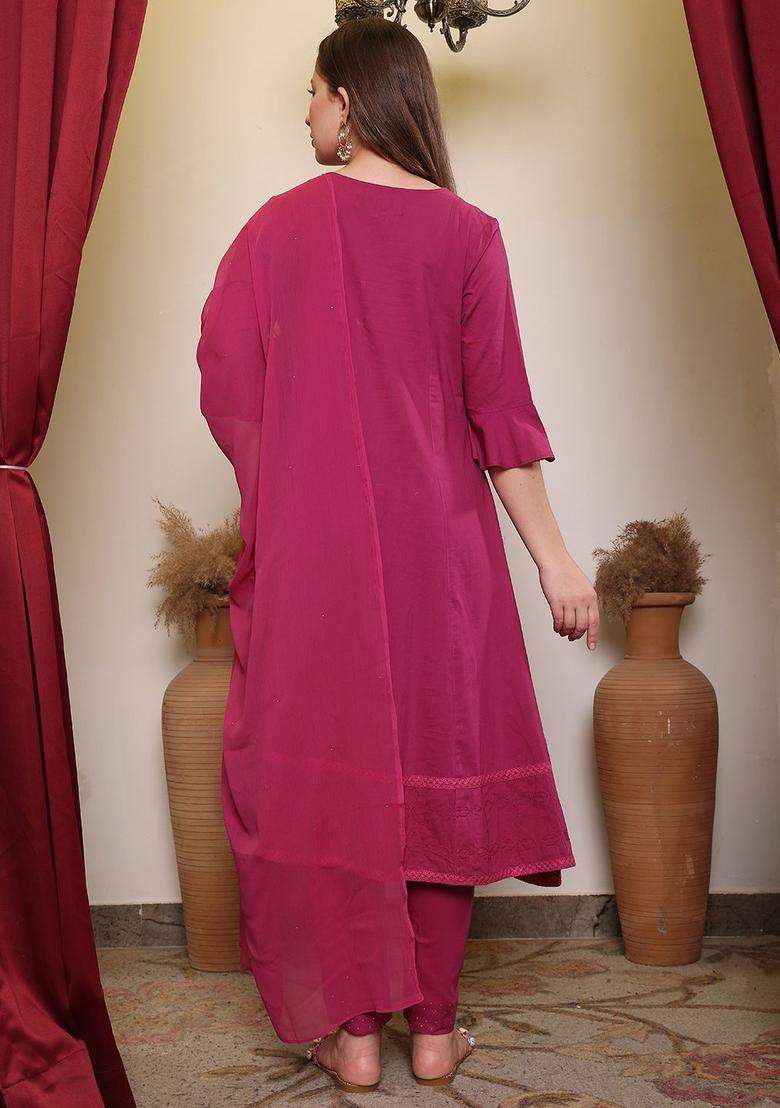 Mauve Embroidered Cotton Kurta Sets - Indya