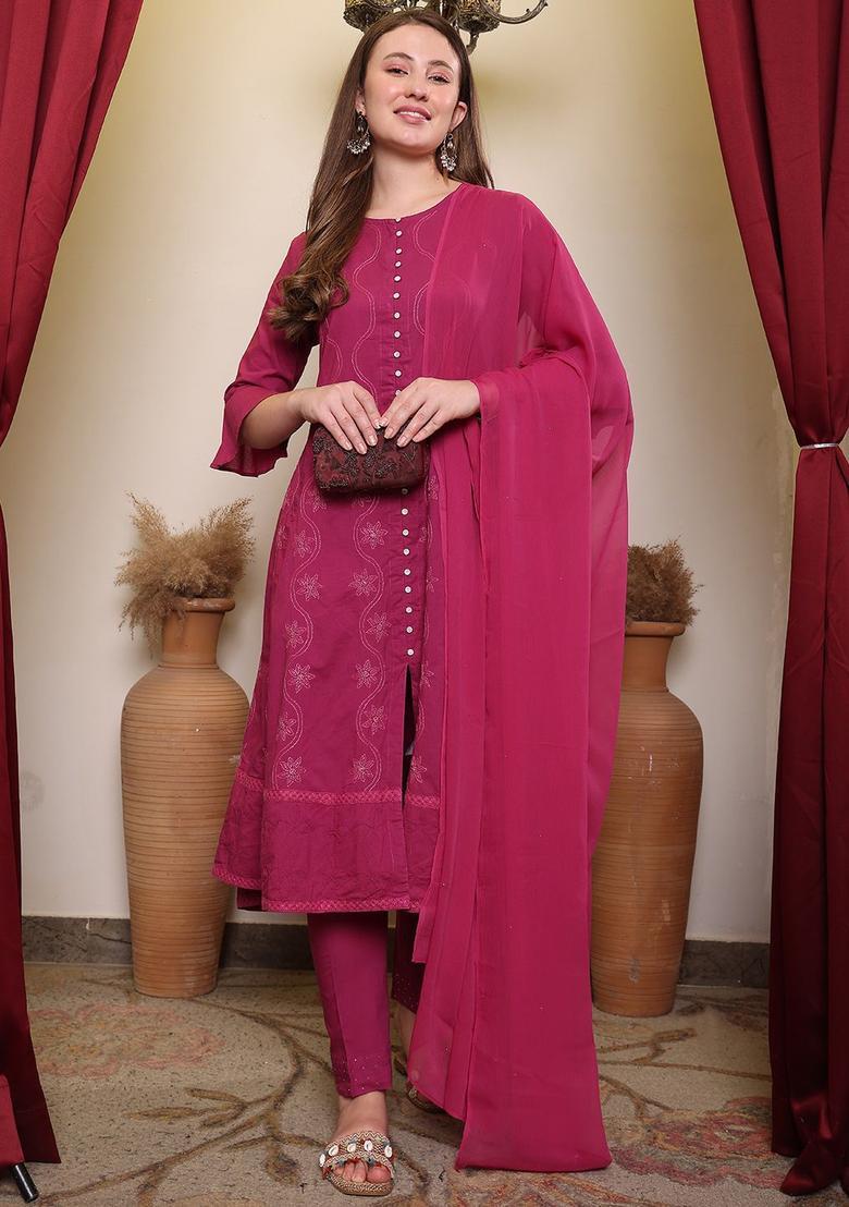 Mauve Embroidered Cotton Kurta Sets - Indya