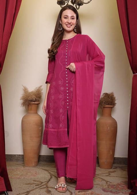 Mauve Embroidered Cotton Kurta Sets