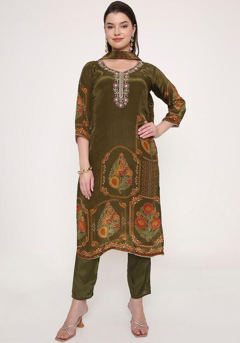 Olive Printed Silk Kurta Sets