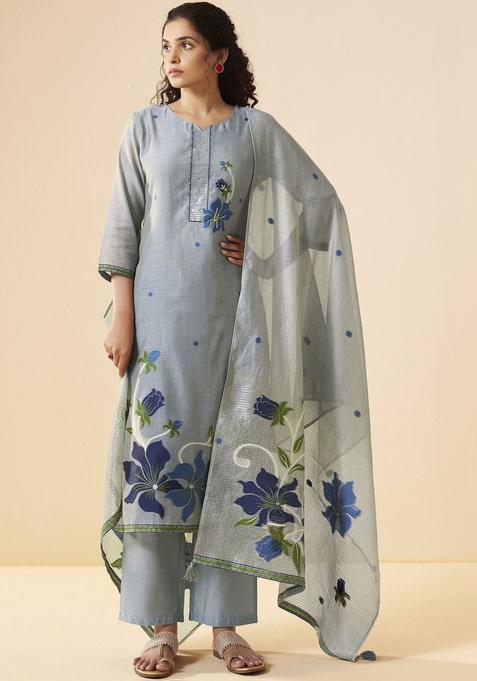 Grey Embroidered Linen Kurta Sets