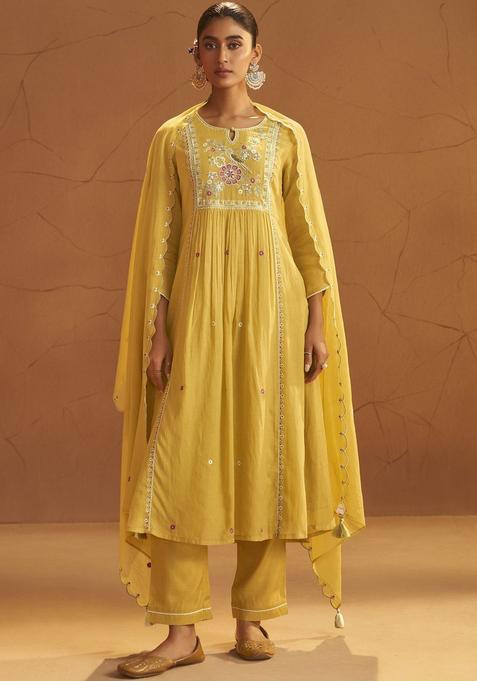 Yellow Embroidered Silk Kurta Sets
