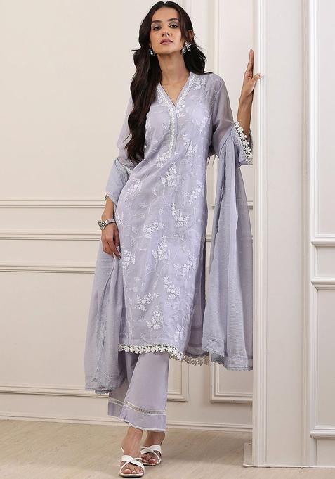 Purple Embroidered Chanderi Kurta Sets