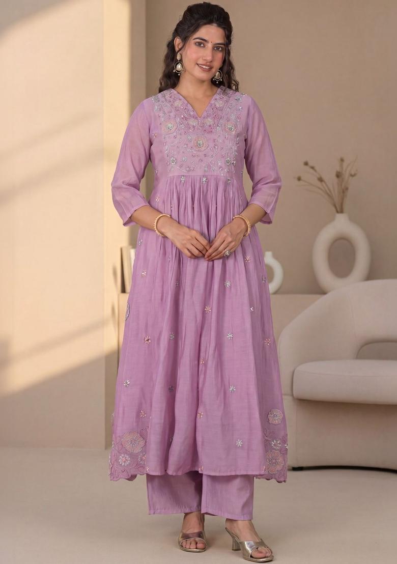 Purple Solid Cotton Kurta Sets - Indya