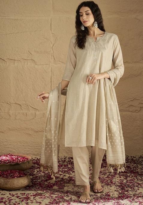 Beige Embroidered Cotton Kurta Sets