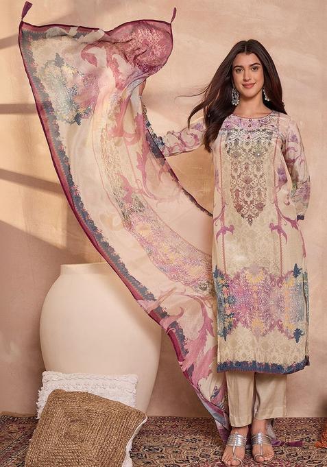 Off White Embroidered Viscose Kurta Sets