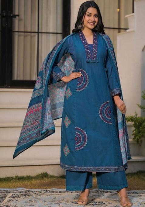 Teal Printed Cotton Kurta Sets