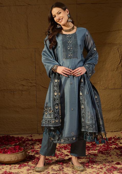 Blue Woven Design Chanderi Kurta Sets