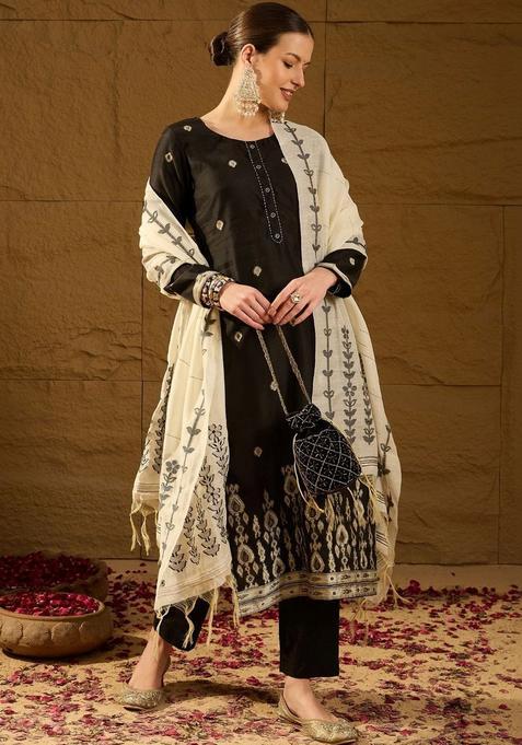Black Woven Design Chanderi Kurta Sets