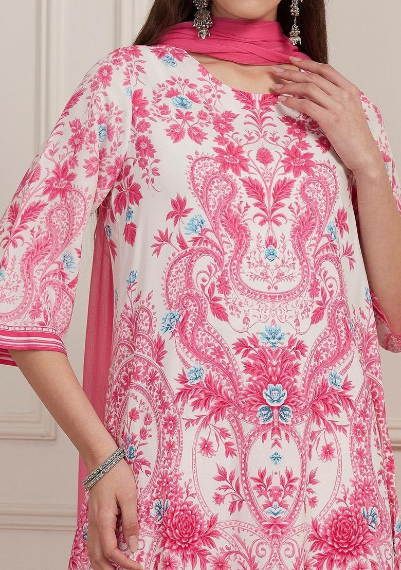 White Printed Viscose Kurta Sets - Indya