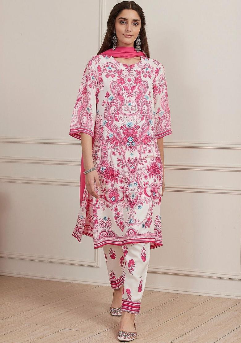 White Printed Viscose Kurta Sets - Indya