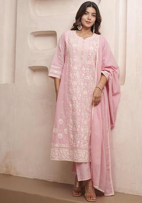 Pink Embroidered Cotton Kurta Sets