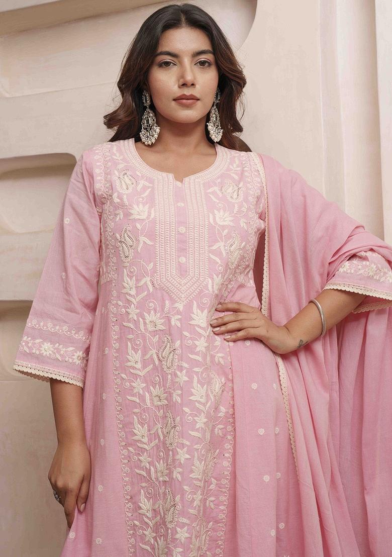 Pink Embroidered Cotton Kurta Sets - Indya