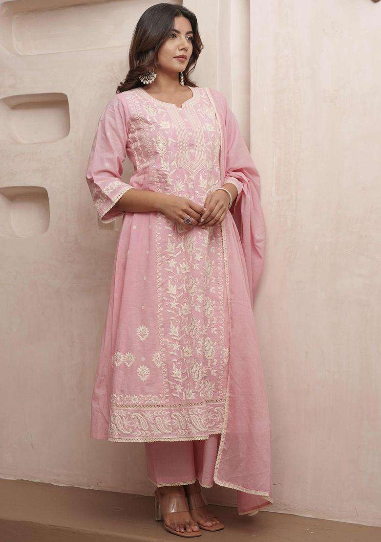 Pink Embroidered Cotton Kurta Sets - Indya
