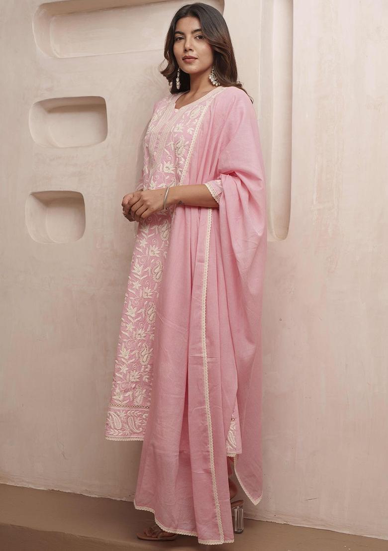 Pink Embroidered Cotton Kurta Sets - Indya