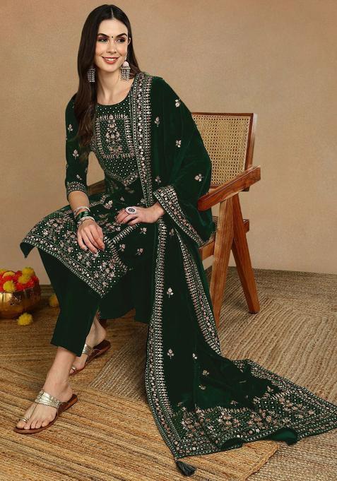 Green Printed Velvet Kurta Sets