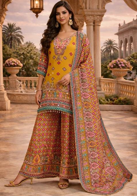 Mustard Embroidered Silk Kurta Sets