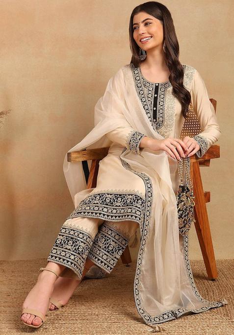Cream Embroidered Silk Kurta Sets