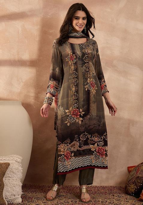 Green Printed Crepe Kurta Sets