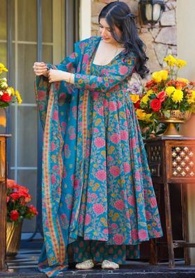 Teal Printed Cotton Anarkli Sets