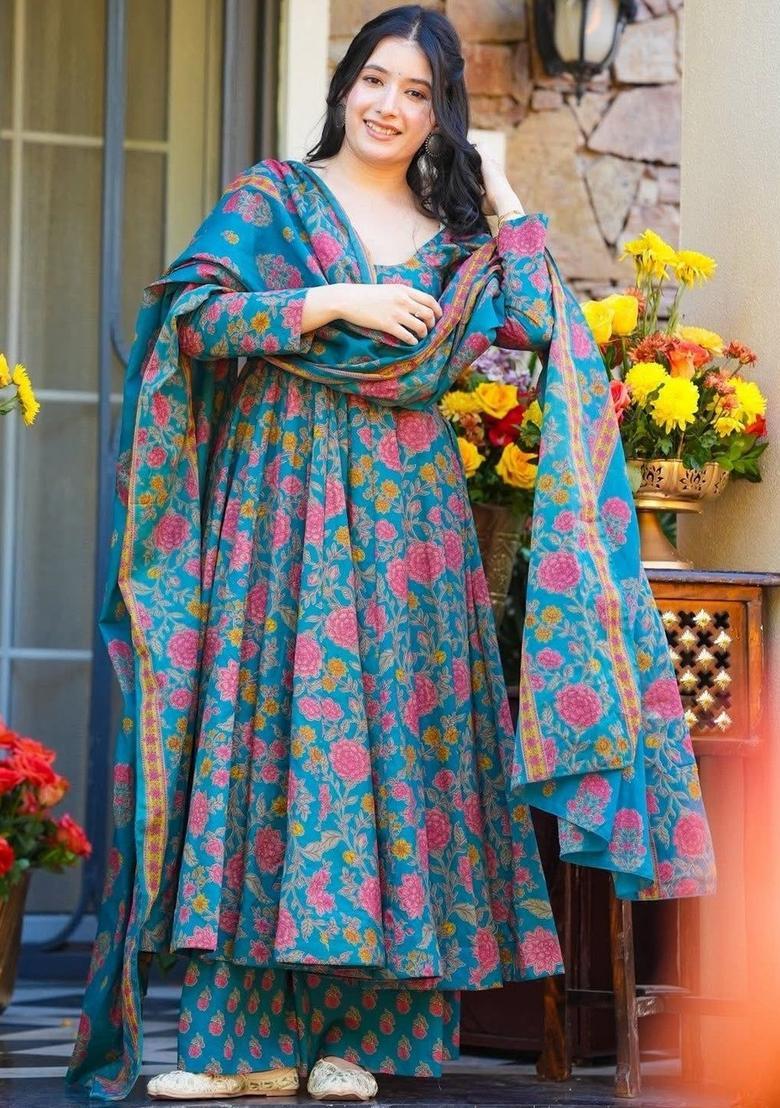 Teal Printed Cotton Anarkli Sets - Indya