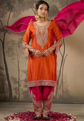 Orange Embroidered Polyester Anarkli Sets