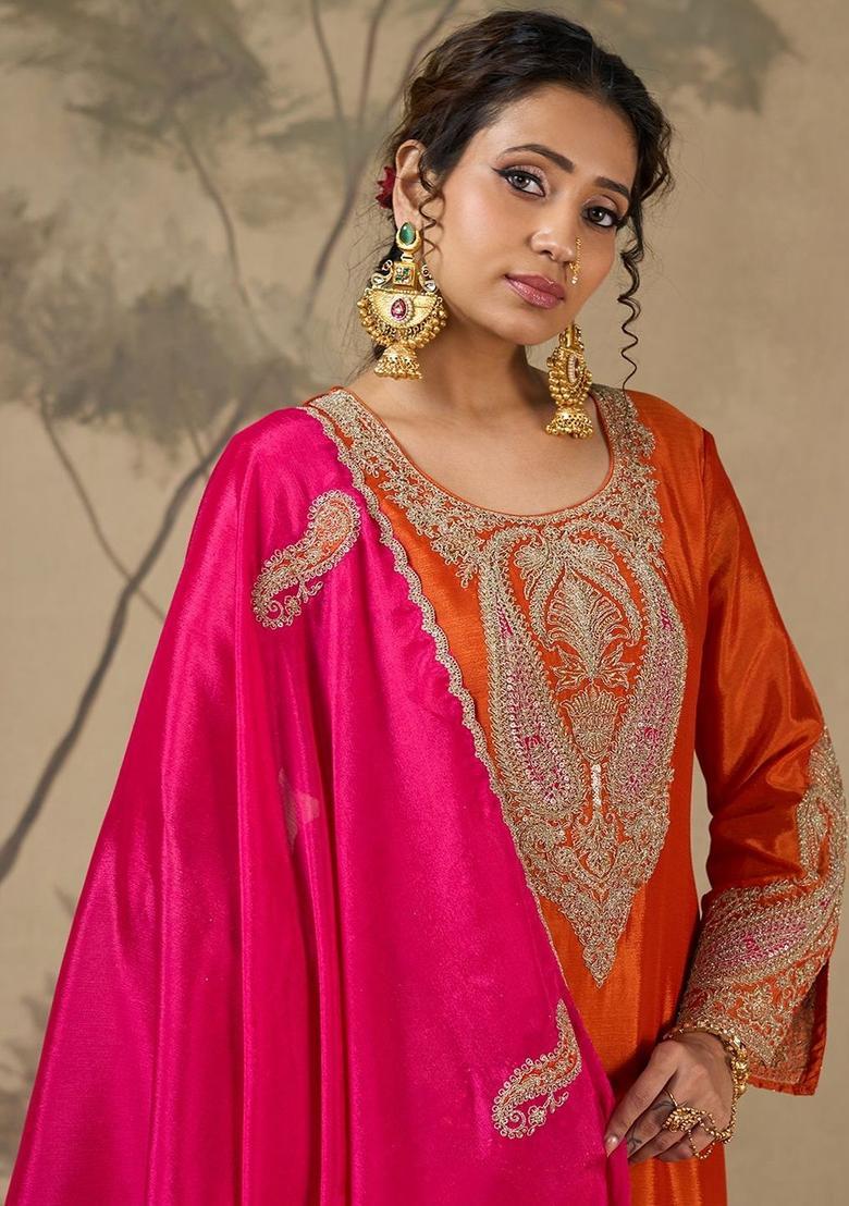 Orange Embroidered Polyester Anarkli Sets - Indya