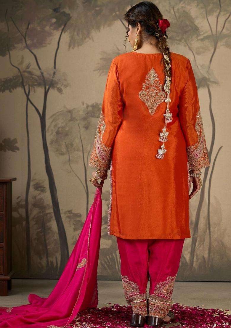 Orange Embroidered Polyester Anarkli Sets - Indya
