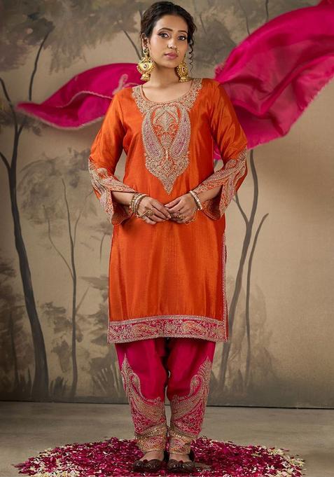 Orange Embroidered Polyester Anarkli Sets