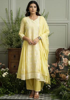 Yellow Embroidered Cotton Kurta Sets