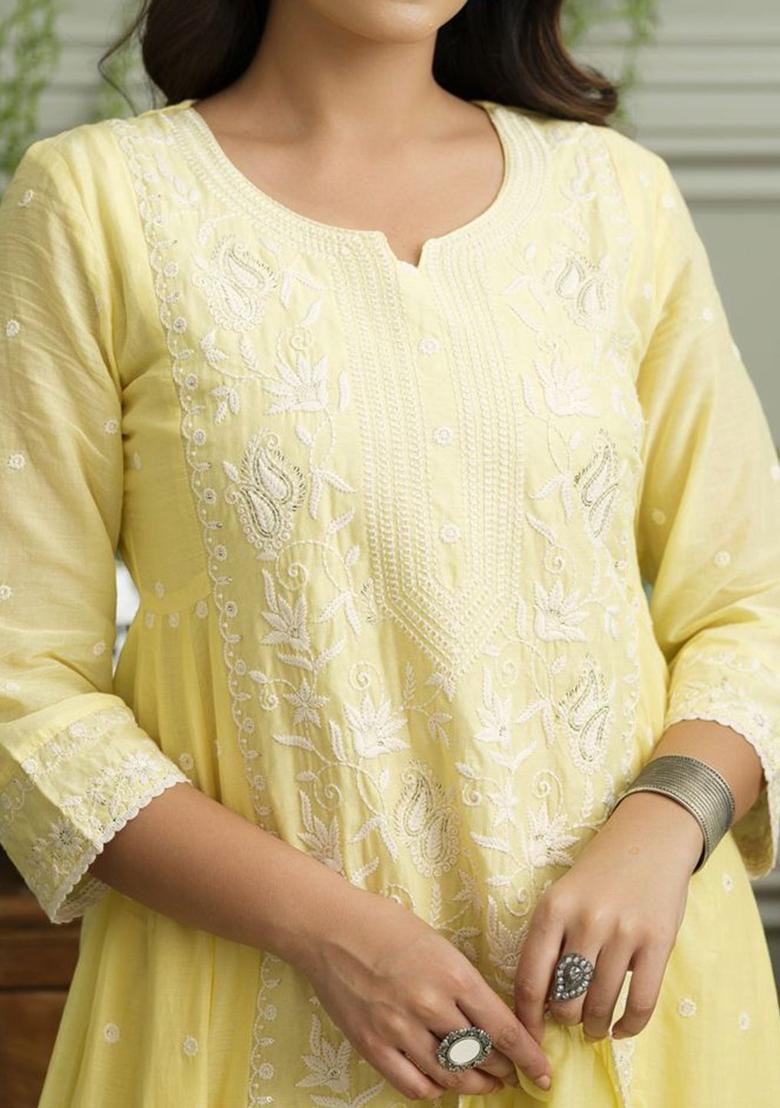 Yellow Embroidered Cotton Kurta Sets - Indya