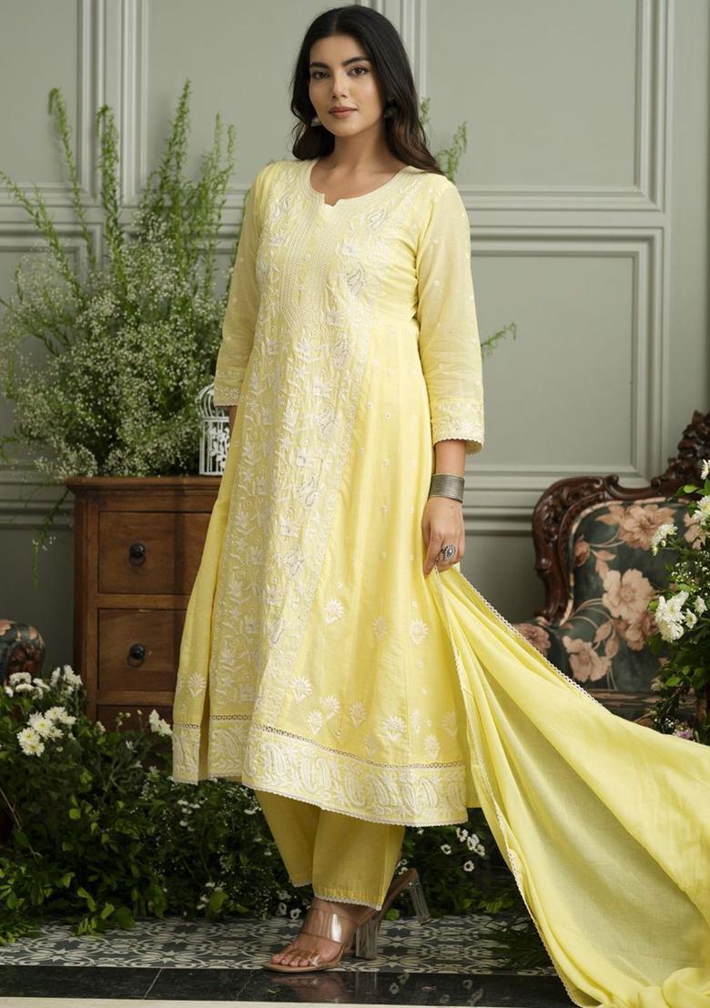 Yellow Embroidered Cotton Kurta Sets - Indya