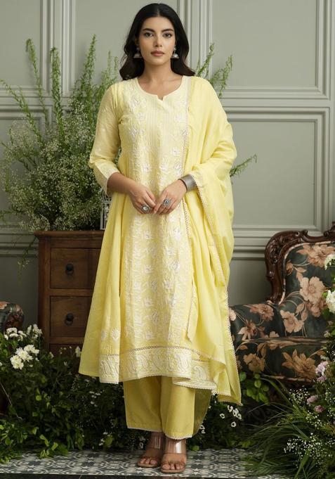 Yellow Embroidered Cotton Kurta Sets