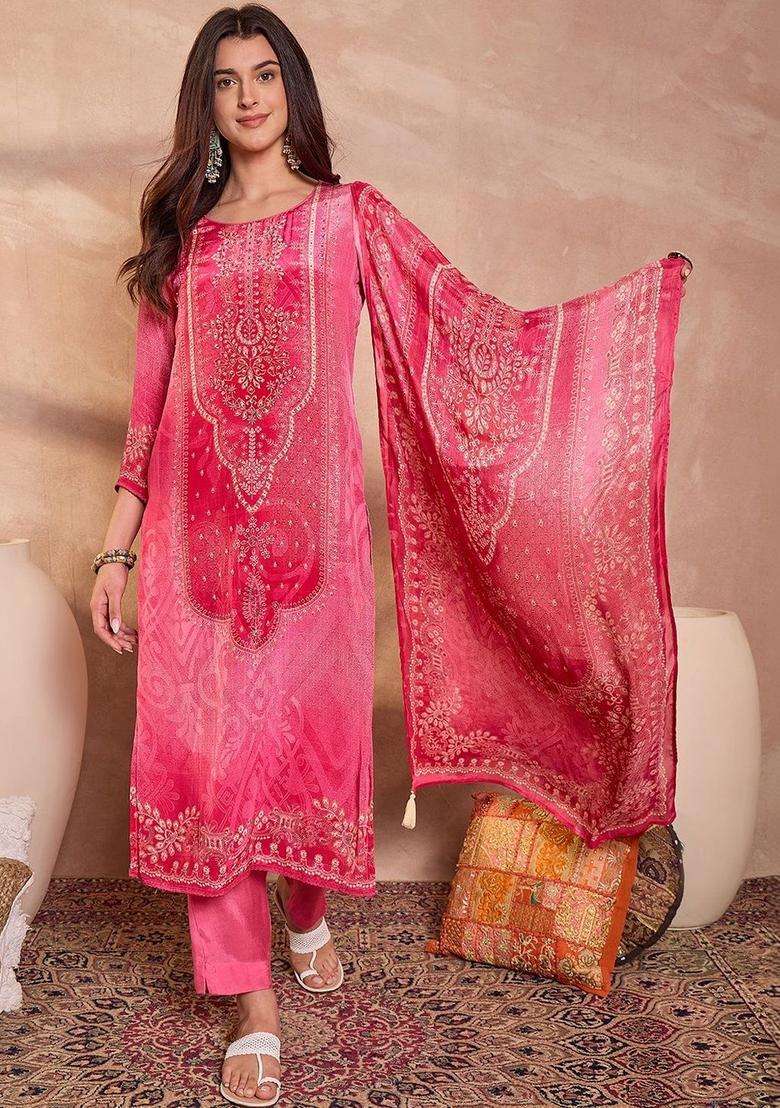 Pink Solid Viscose Kurta Sets - Indya