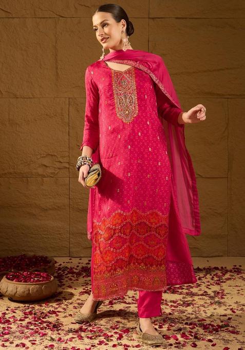 Pink Woven Design Silk Kurta Sets