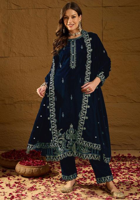 Blue Embroidered Velvet Kurta Sets