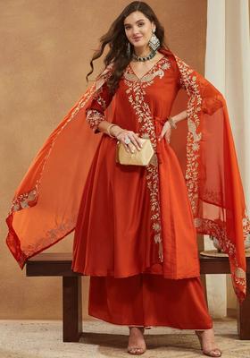 Orange Embroidered Silk Blend Anarkli Sets