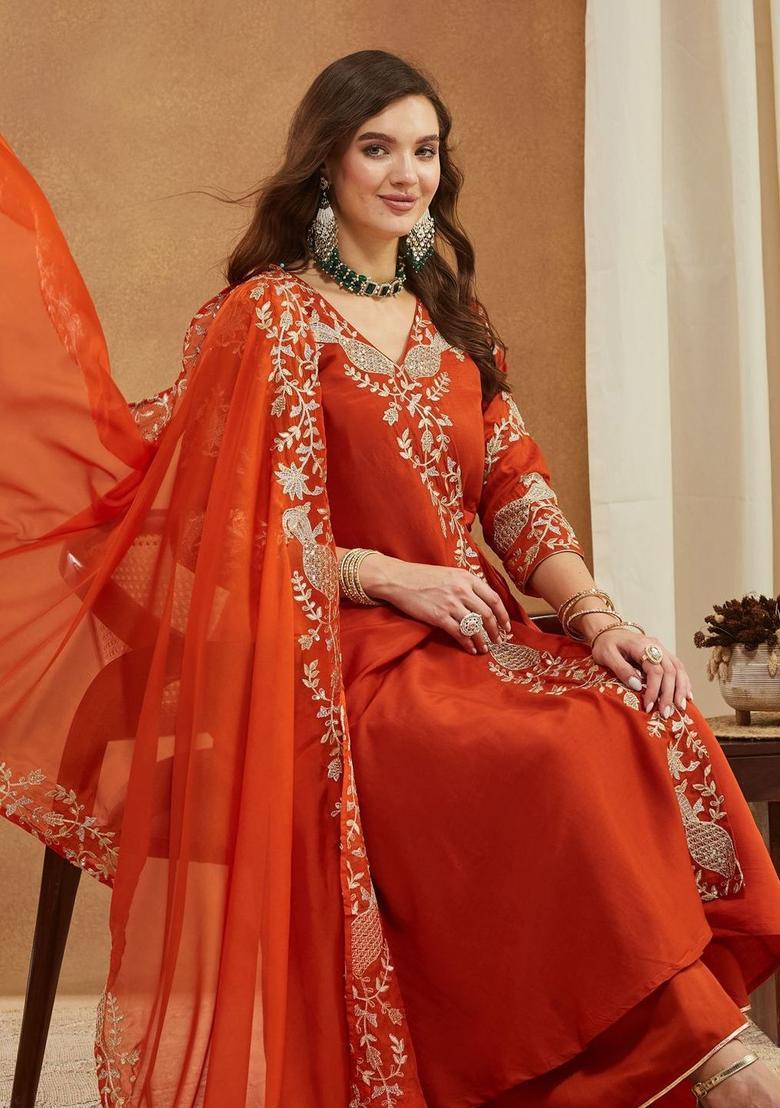 Orange Embroidered Silk Blend Anarkli Sets - Indya