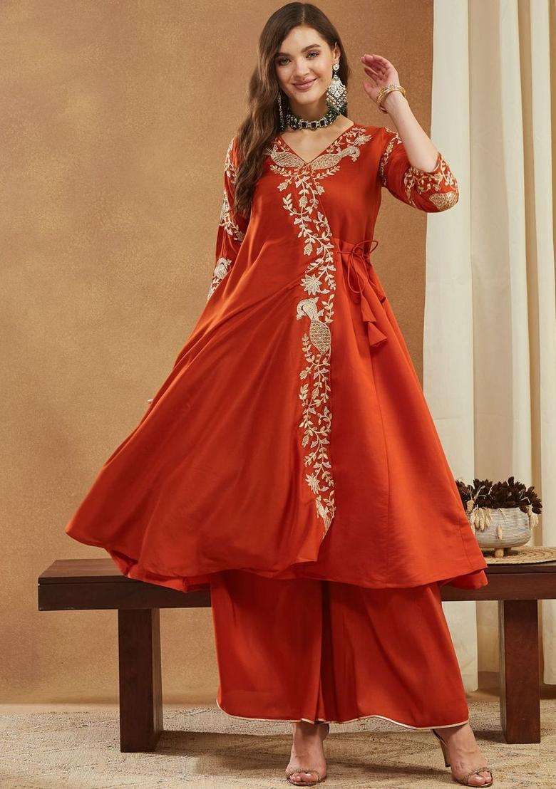 Orange Embroidered Silk Blend Anarkli Sets - Indya