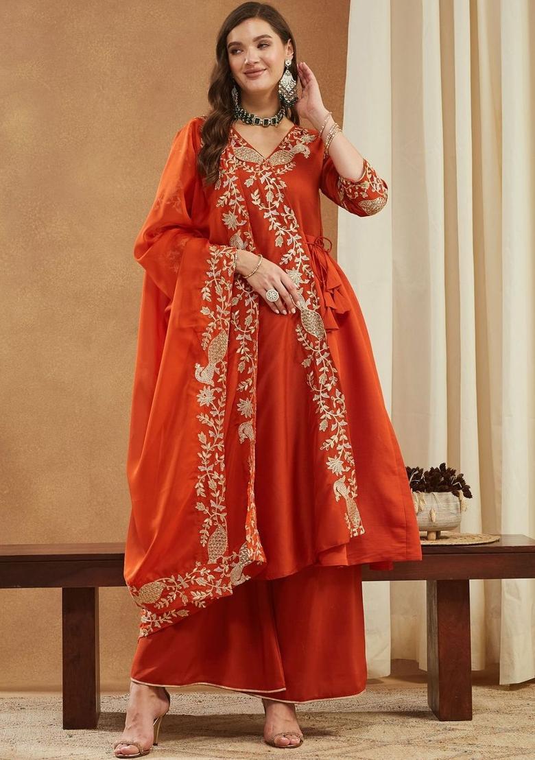 Orange Embroidered Silk Blend Anarkli Sets - Indya