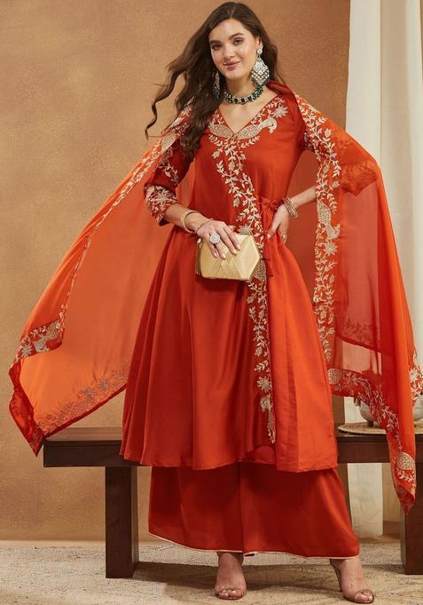 Orange Embroidered Silk Anarkli Sets