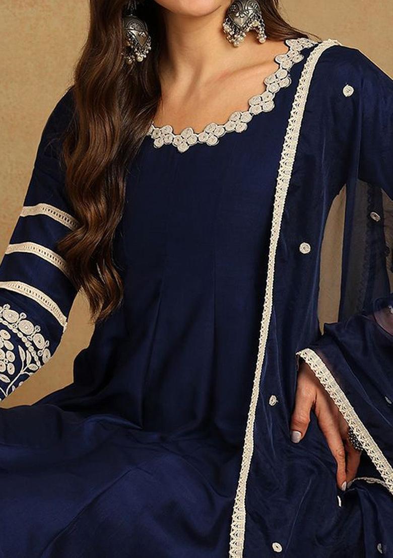 Navy Blue Embroidered Silk Blend Anarkli Sets - Indya