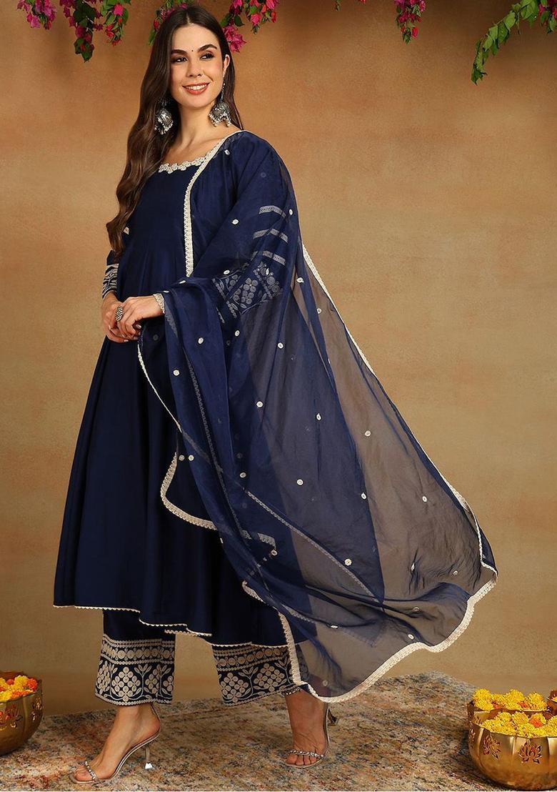 Navy Blue Embroidered Silk Blend Anarkli Sets - Indya