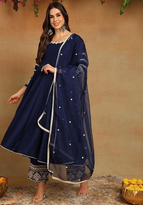 Navy Blue Embroidered Silk Anarkli Sets
