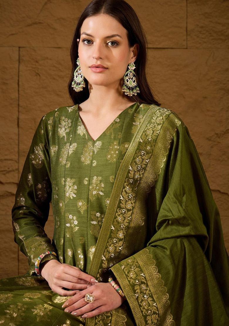 Green Woven Design Chanderi Anarkli Sets - Indya